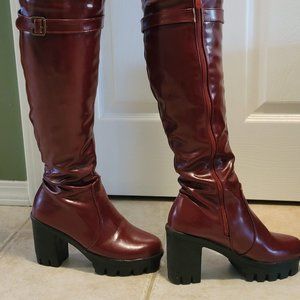 dark red/burgundy faux leather knee high boots